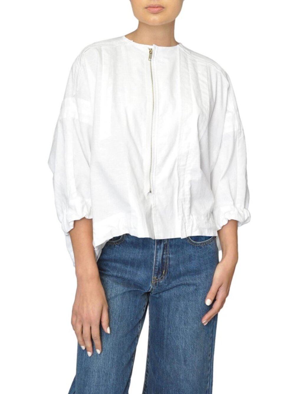 Caara White Cotton Linen Light Zip Dolman Jacket